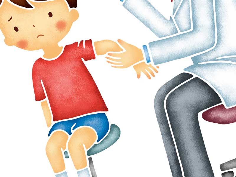病院の先生に腕を診てもらっている子供のイラスト