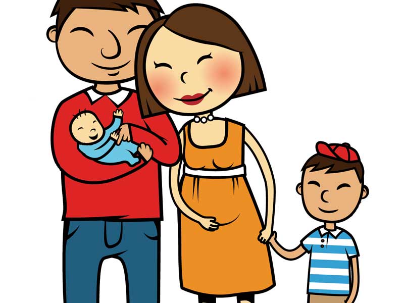 三人目を妊娠している妊婦さんと家族のイラスト