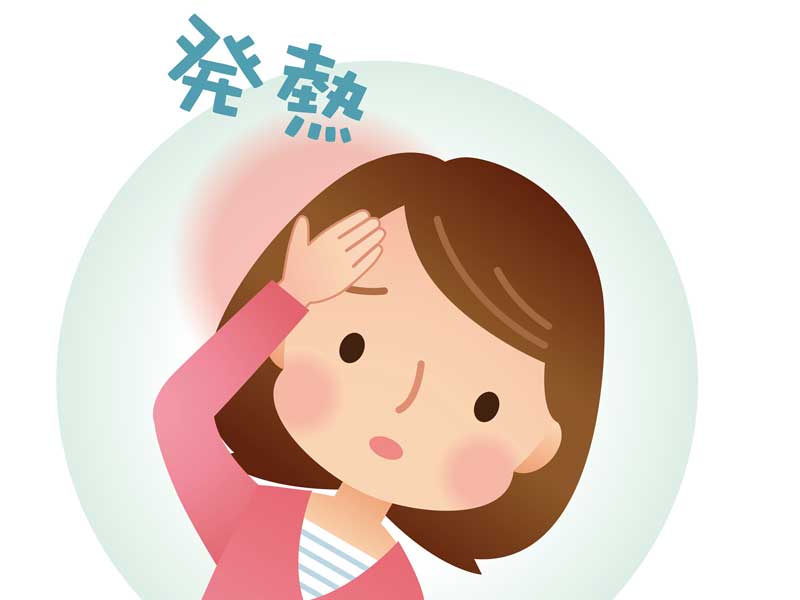 発熱しておでこをおさえているママのイラスト