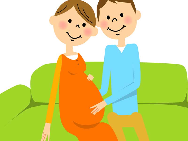 妊婦さんのお腹を触るパパのイラスト