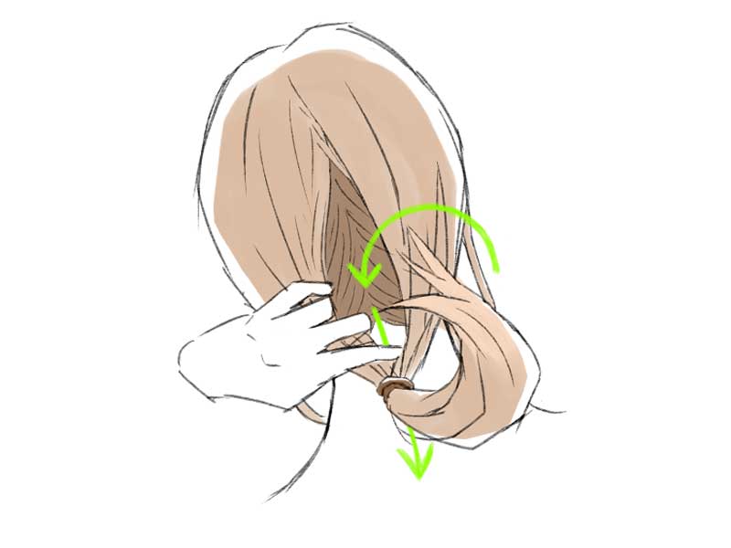 むすんだ髪をくるっと回すイラスト