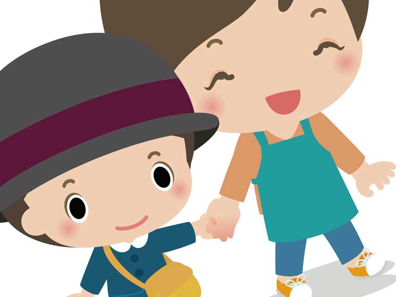 幼稚園へ子供を送っているママのイラスト