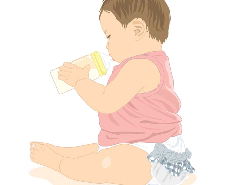 哺乳瓶でミルクを飲んでいる赤ちゃんのイラスト