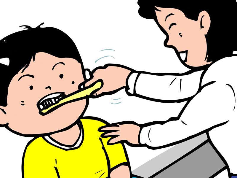 歯磨きが嫌な子供とママのイラスト