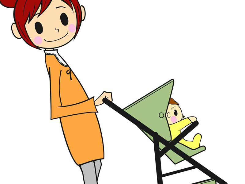 赤ちゃんを連れて出かけるママのイラスト