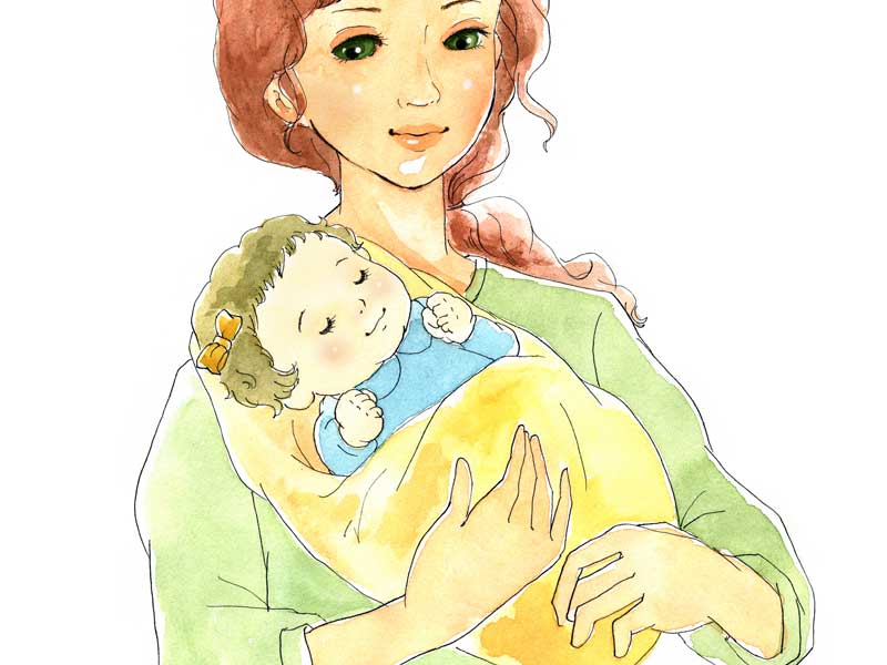 ママの抱っこで寝ている赤ちゃんのイラスト