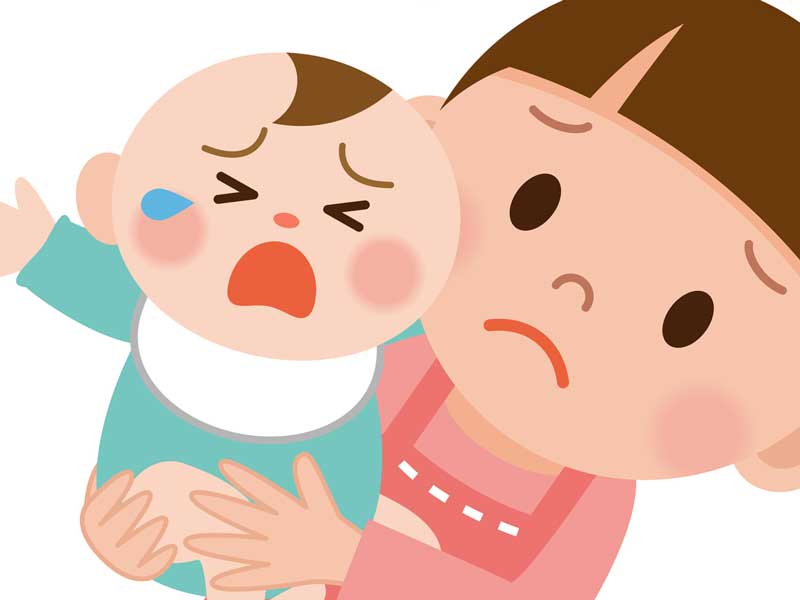 泣いている赤ちゃんを抱っこしているママのイラスト