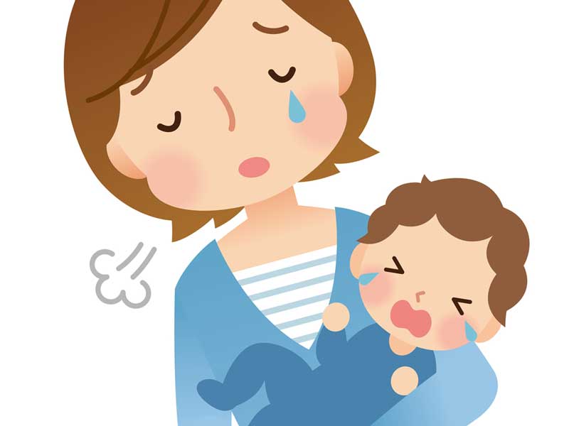 ストレスでため息をついている赤ちゃんを抱っこしているママのイラスト