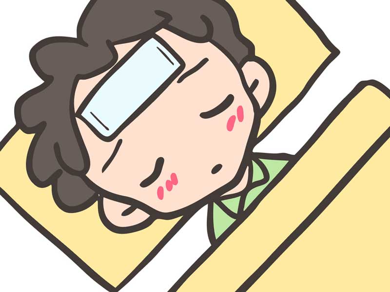 熱が出て寝ている子供のイラスト