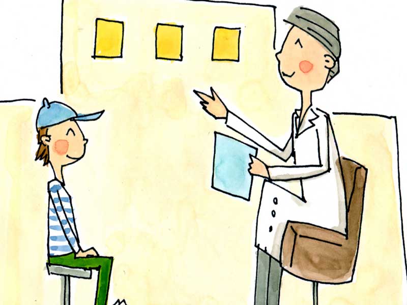 病院で受診をしている子供のイラスト
