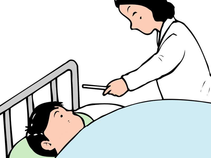 ベッドに寝てる男の子と熱を測ろうとしている看護婦さんのイラスト