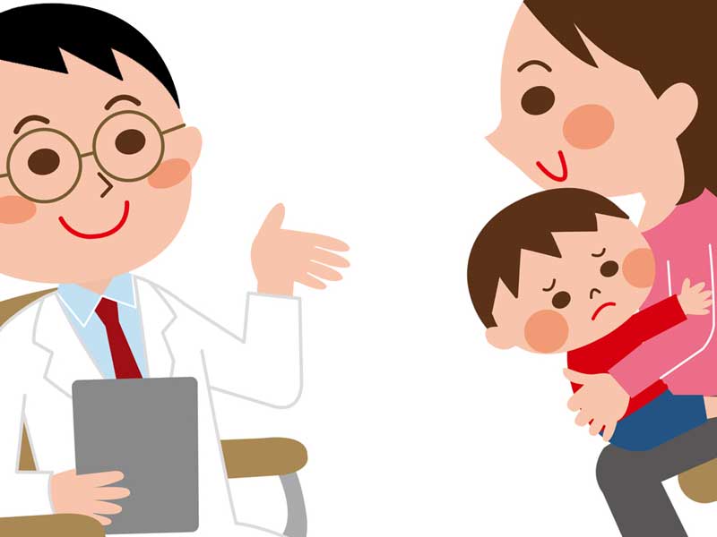 赤ちゃんを連れて医師と相談するママのイラスト