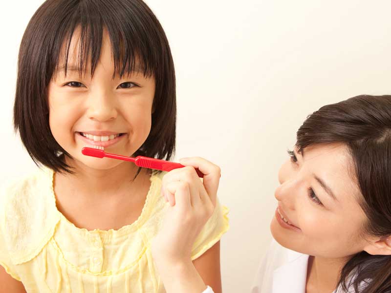 女の子に歯磨きの指導をする歯科医