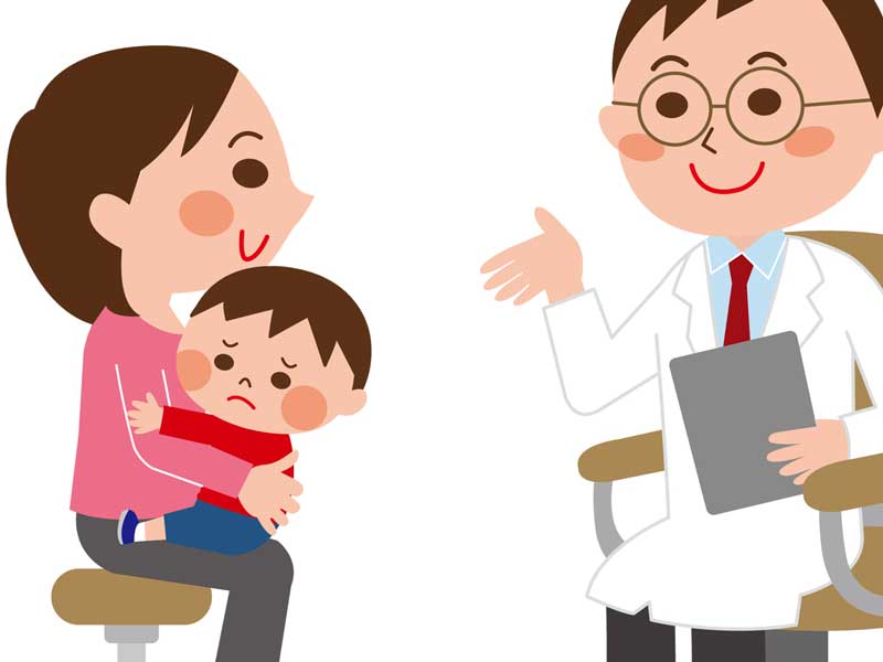 赤ちゃんを連れて医師に相談しているママのイラスト