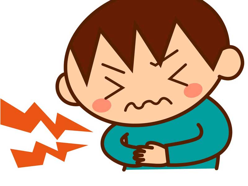 腹痛でお腹を押さえている子供のイラスト