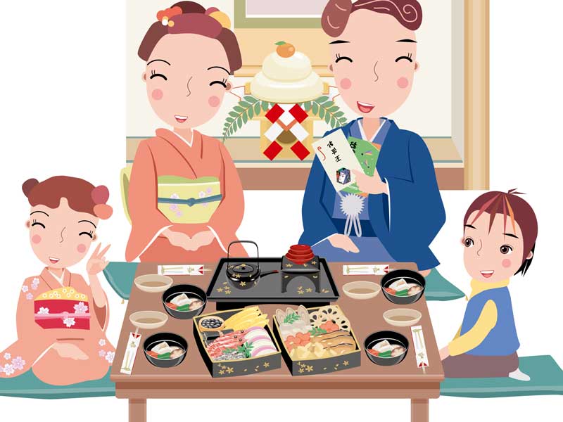 おせち料理を食べる家族のイラスト