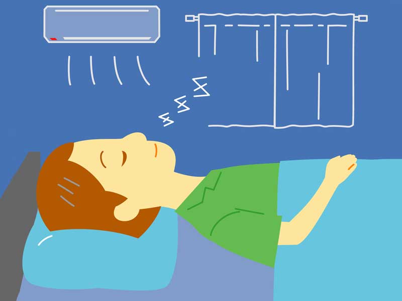 エアコンをつけた部屋で寝る男の子のイラスト
