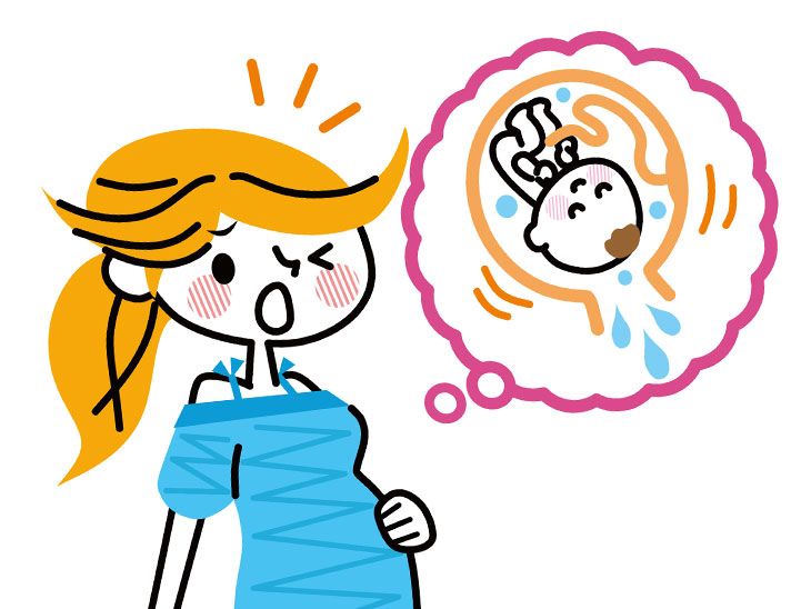 破水したかもと感じてる妊婦さんのイラスト