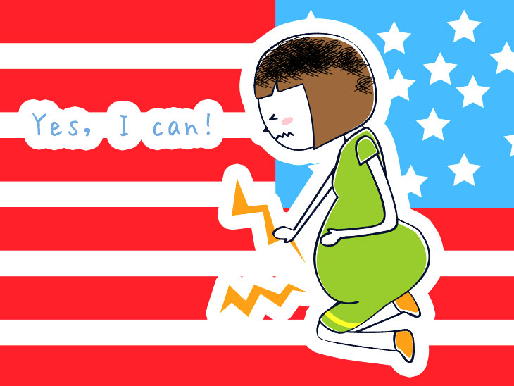 「Yes, I can!」と発言する妊婦のイラスト