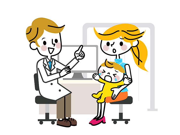 病院で診察を受ける赤ちゃんを抱えた母親のイラスト