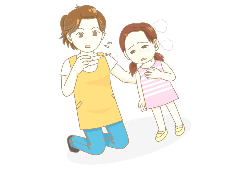 娘の熱を測る母親のイラスト