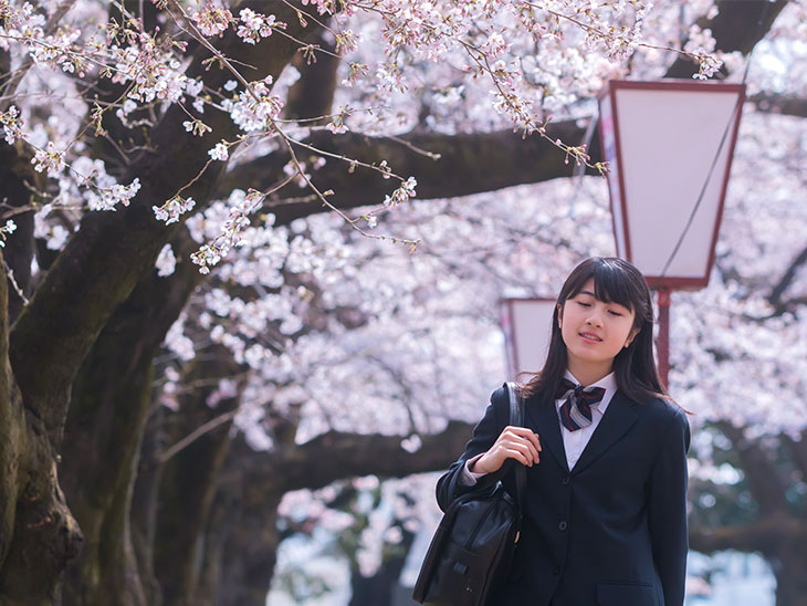 桜の道を歩く思春期の女の子