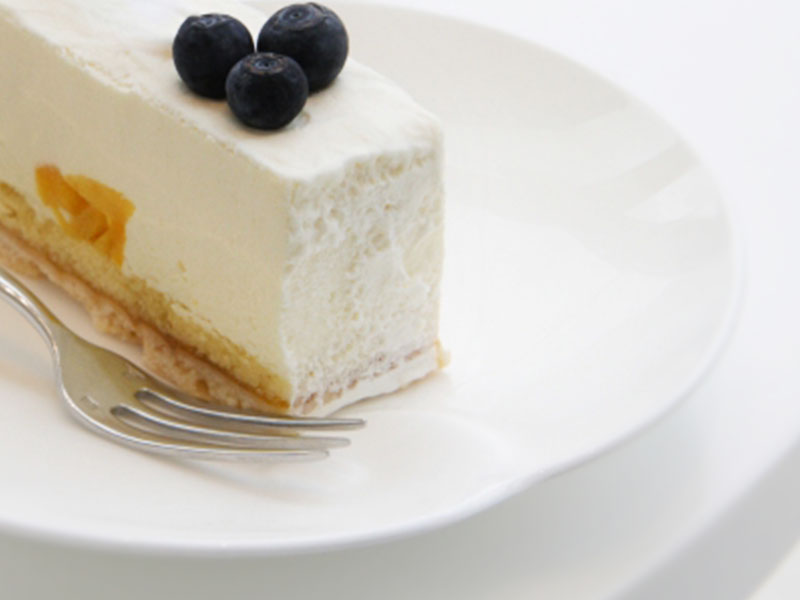 2つのブルーベリーをのせたレアチーズケーキとフォーク