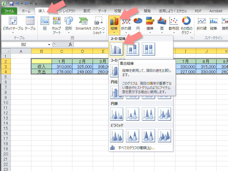 エクセル家計簿をグラフ化するための設定