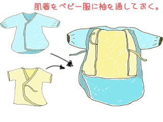 肌着をベビー服に袖を通しておく