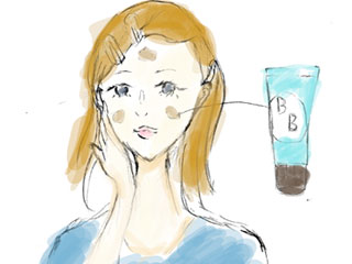 BBクリームを頬、鼻、おでこに塗る主婦